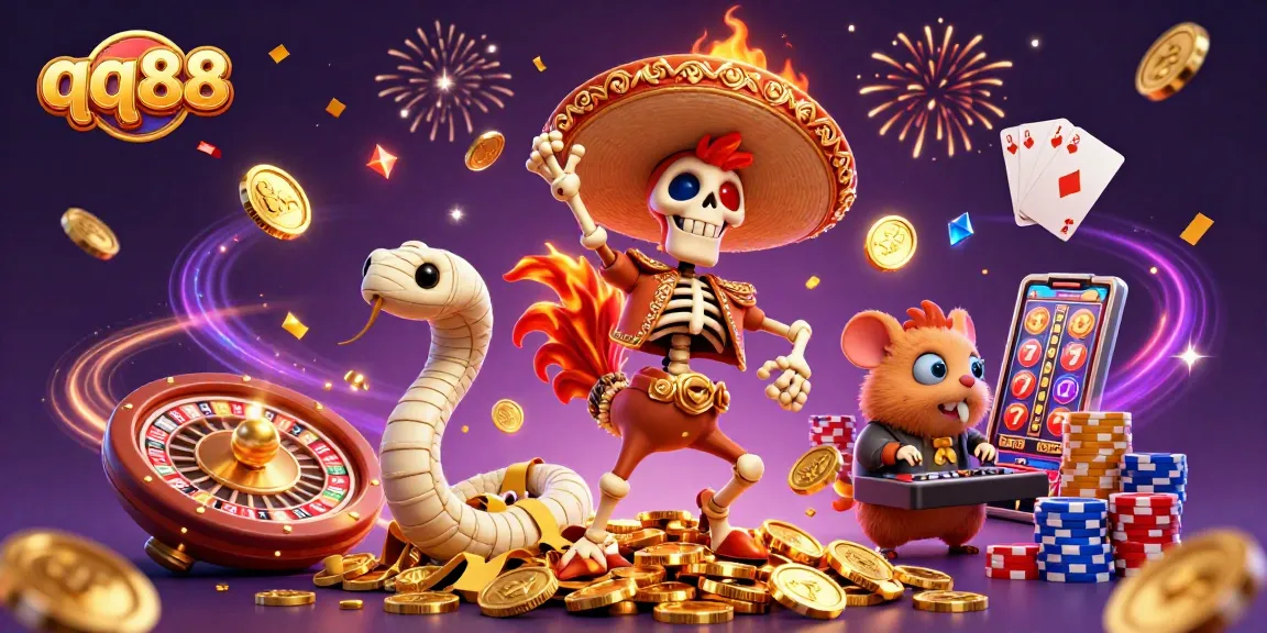 qq88 vibrant casino scene celebrating with golden coins, roulette, and lucky slot machines.