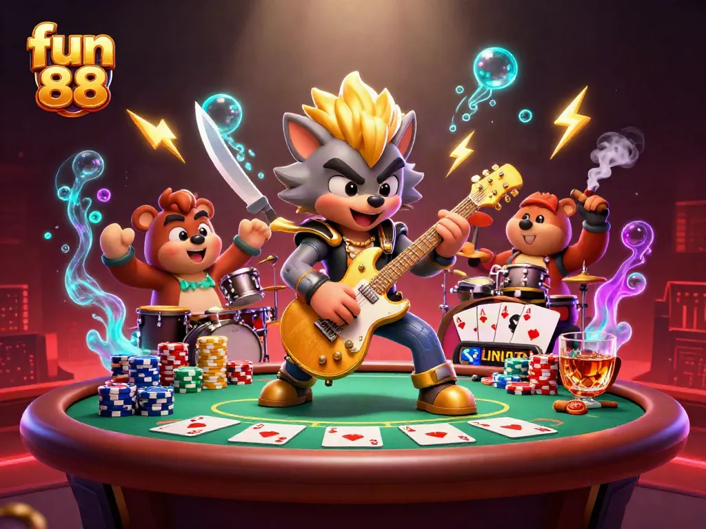 Experience fun 88 gaming excitement with a rock star wolf and drummer bear amidst vibrant casino elements.