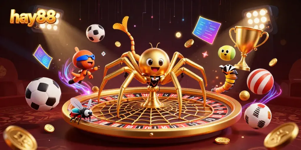 Bet on the hay88 roulette wheel as a golden spider spins the web in a vibrant casino scene.