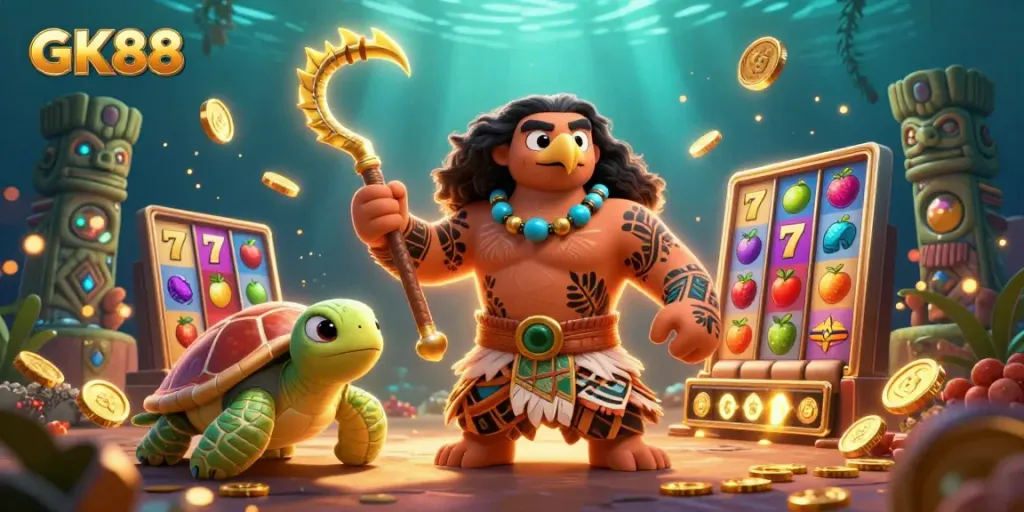 Experience GK88 gameplay with colorful slot reels, golden coins, and vibrant characters in a captivating casino scene.