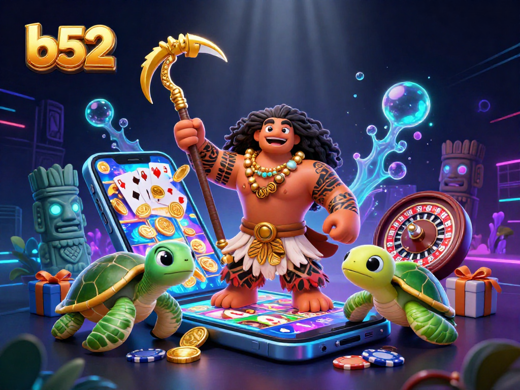 Bettors engage in dynamic gaming experiences at B52 with lively characters and vibrant casino elements.