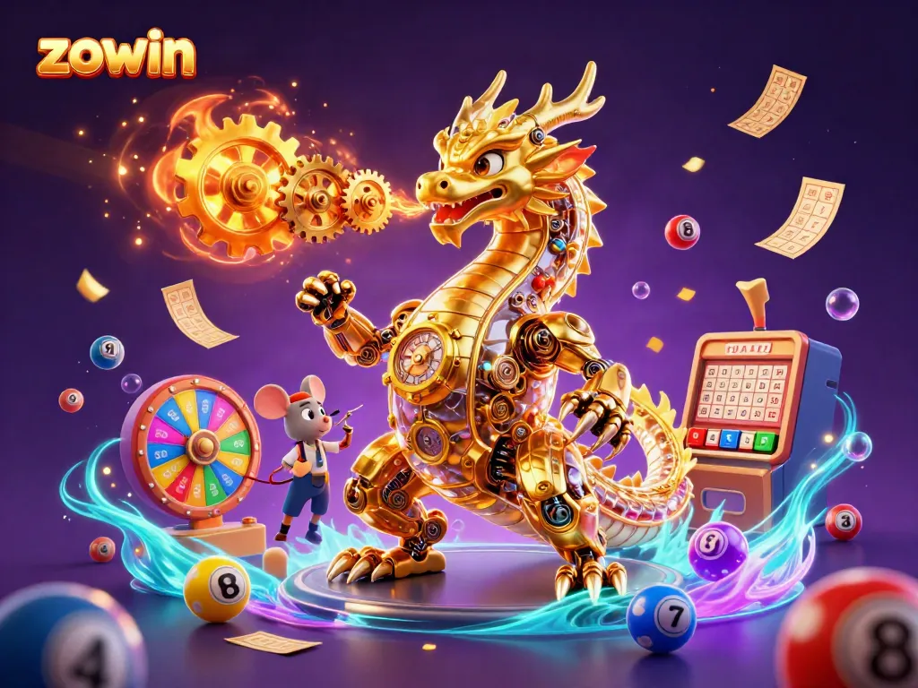 Zowin's golden dragon mechanics breathe life into vibrant lottery elements in a detailed casino scene.