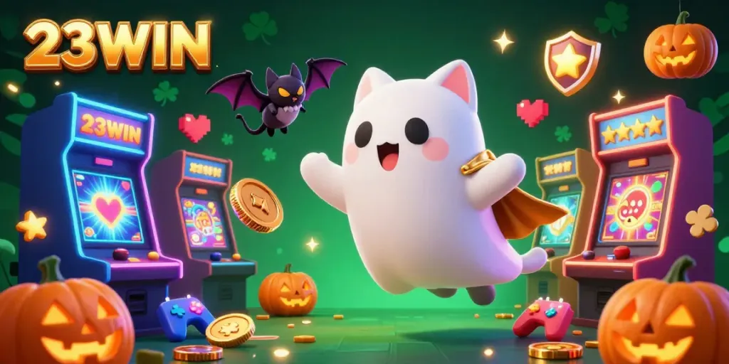 Engage with the vibrant 23WIN casino scene featuring a ghost cat, vampire bat, and glowing jack-o-lanterns.