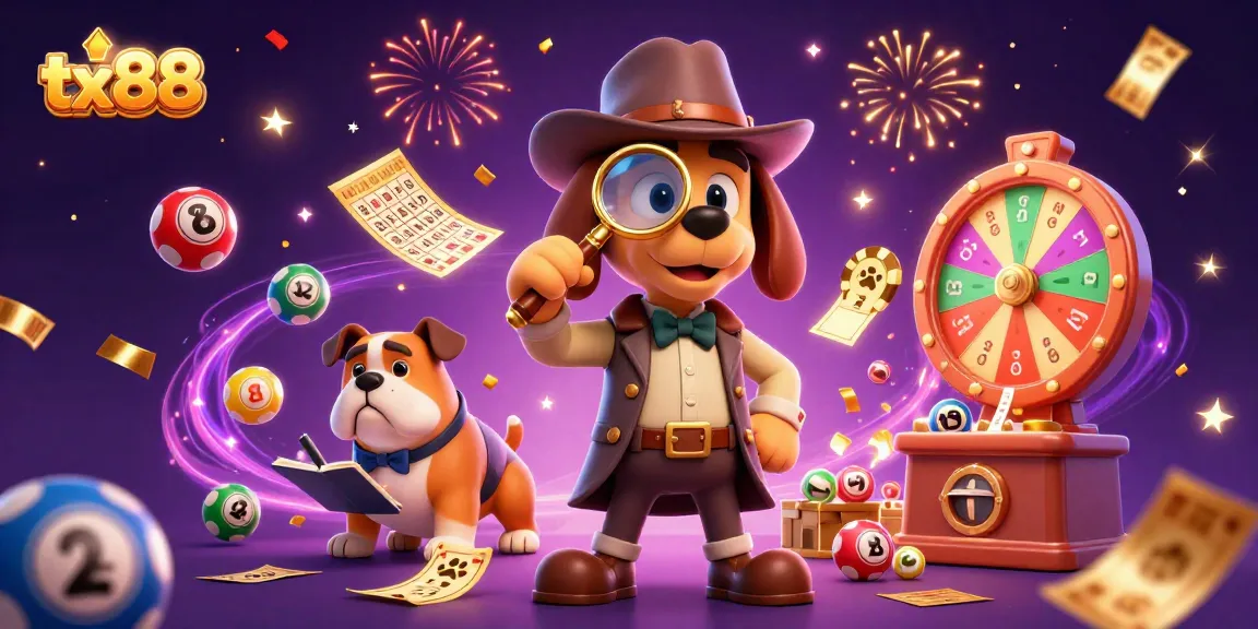 tx88 captures excitement with cartoon detective and lottery elements in a vibrant casino scene.