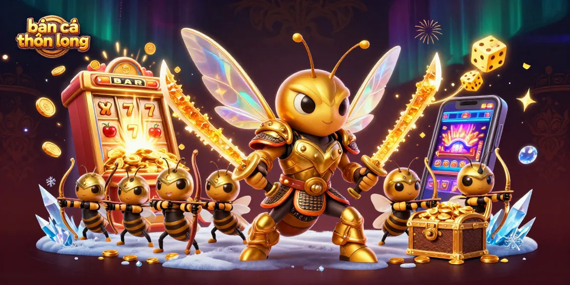Bắn cá thần long action scene with a golden hornet and dynamic casino elements bursting with energy