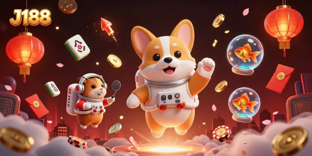 Experience the excitement of J188 with floating chips and whimsical characters in a vibrant casino setting.