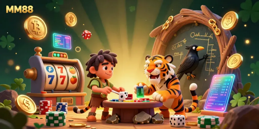 Experience MM88's exciting prehistoric casino with caveman characters and vibrant game elements.