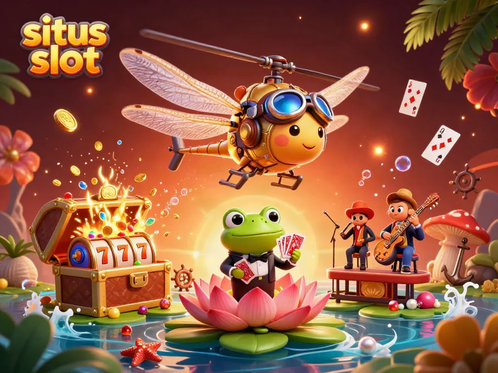 Situs slot game featuring a helicopter pilot dragonfly and frog dealing cards, capturing the thrill of jackpots.