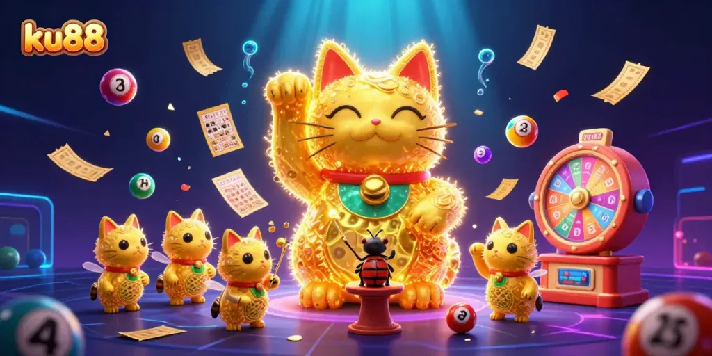 Join the excitement of ku88 with colorful lottery elements and a giant lucky cat illustration.