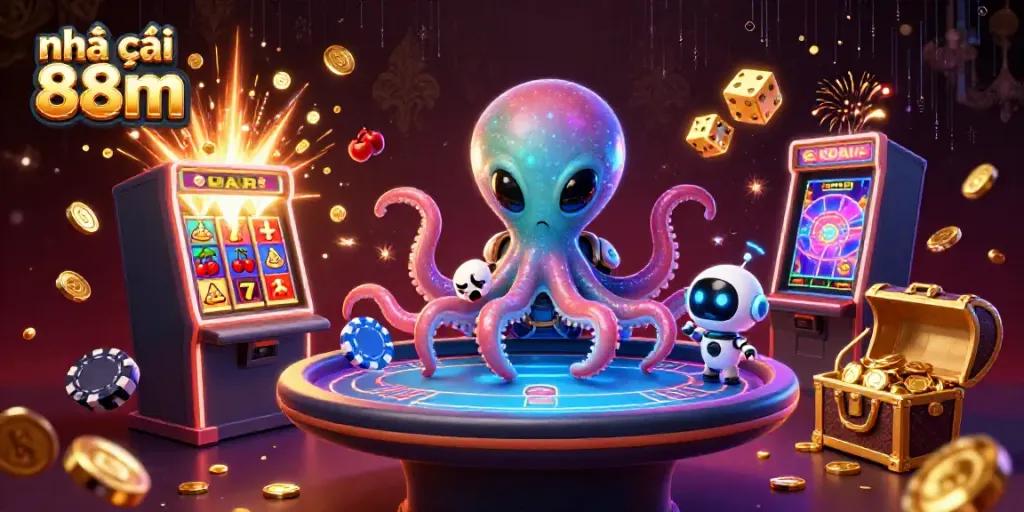 Join the fun at nhà cái 88m with an alien octopus playing poker in a cosmic gaming scene.