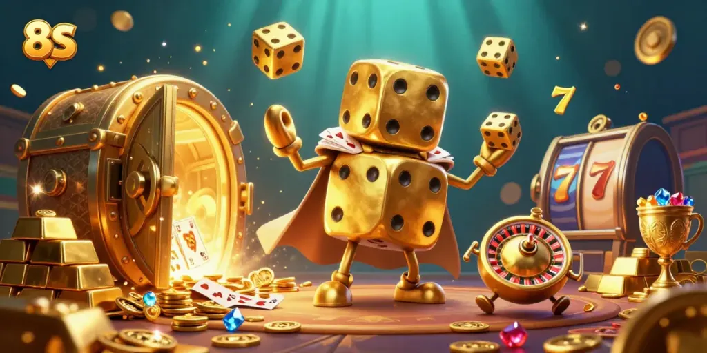 Engaging scene of 8S casino-themed characters featuring a dice golem, dynamic roulette elements, and treasure visuals.