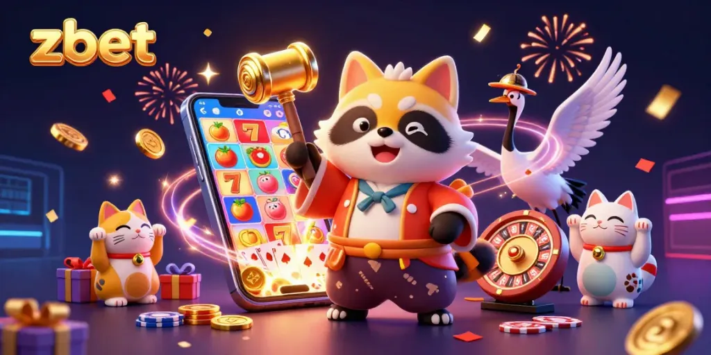 Experience thrilling gaming action with zbet's vibrant 3D casino scene showcasing cheerful characters and exciting game elements.