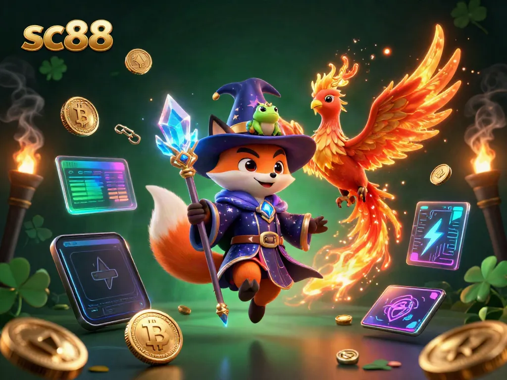 Engage with the magic of sc88 in this vibrant illustration featuring a wizard fox, phoenix, and digital gaming elements.