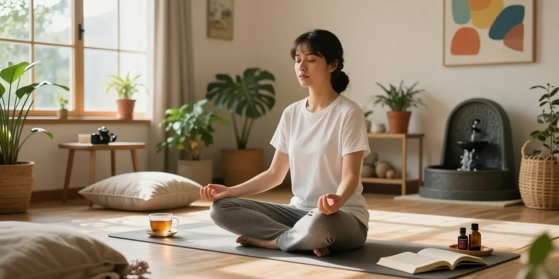 Individual meditating in a serene living room, employing techniques to ridurre lo stress with natural light and calming decor.