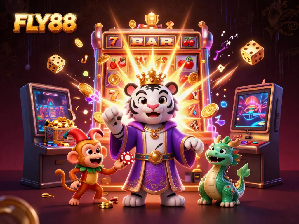 Experience the vibrant FLY88 world of gaming with a playful tiger and monkey alongside a jackpot explosion.