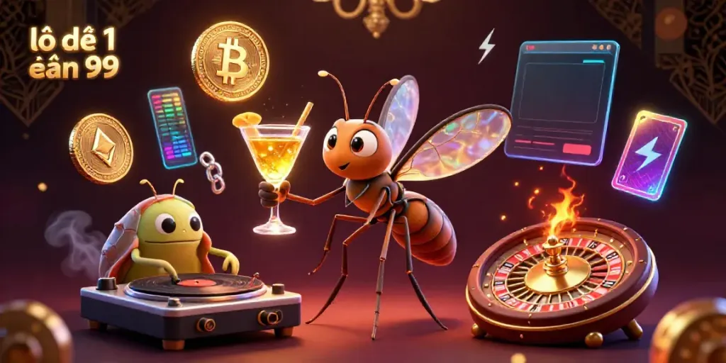 Engage with lô đề 1 ăn 99 through a vibrant 3D casino-themed illustration featuring whimsical characters and crypto elements.