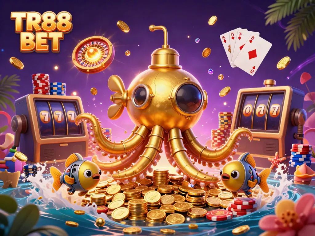 Experience thrilling gameplay with TR88 BET, featuring a submarine kraken and vibrant casino elements.