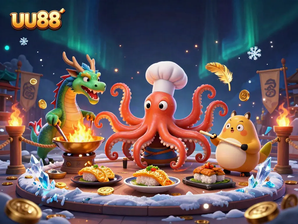 Experience the excitement of uu88 with a vibrant scene featuring a sushi chef octopus, dragon, and tanuki creating a festive atmosphere.