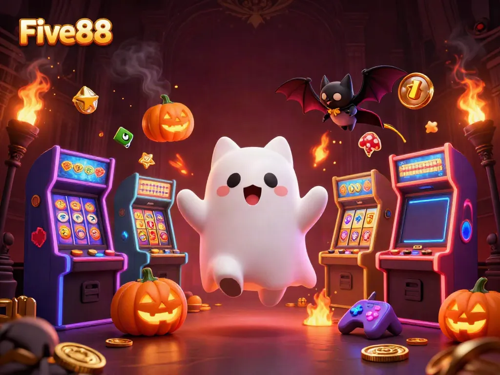 Experience excitement at Five88 with a ghost cat, bat, and casino-themed elements in a lively 3D illustration.