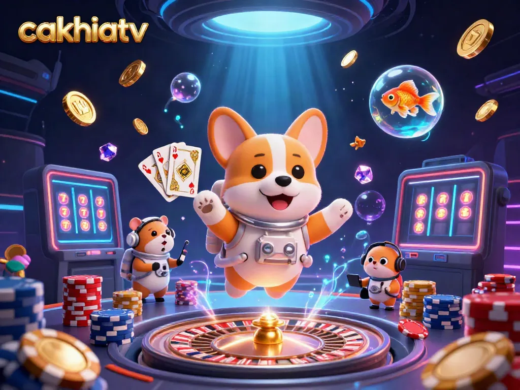 Cakhiatv showcases excitement in a space-themed casino with a floating corgi and glowing games.