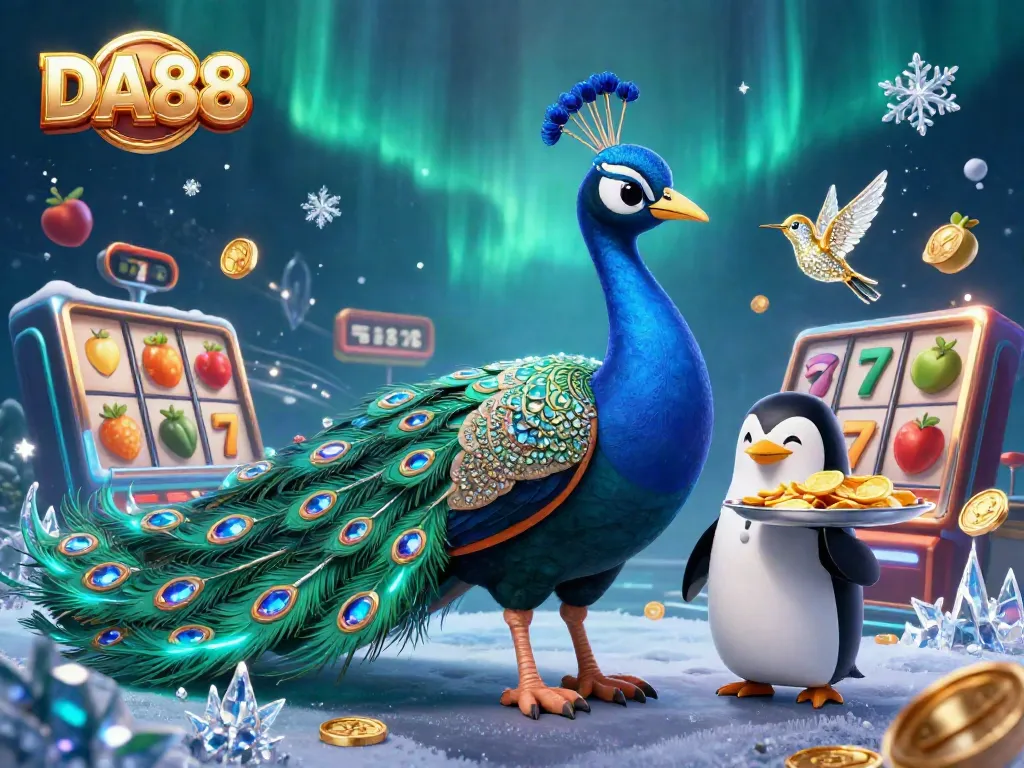 DA88 offers vibrant 3D casino entertainment featuring slot reels, gemstones, and casino characters.