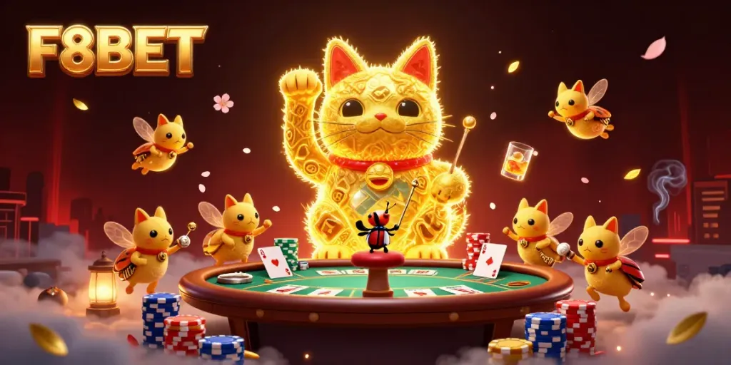 Experience thrilling gaming with F8BET's vibrant casino symbols and a waving lucky cat.