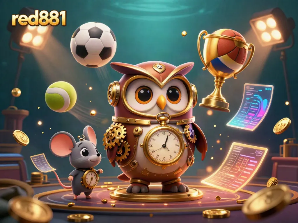 Experience thrilling action at red881 with an animated steampunk owl and dynamic sports elements in a vibrant casino setting.