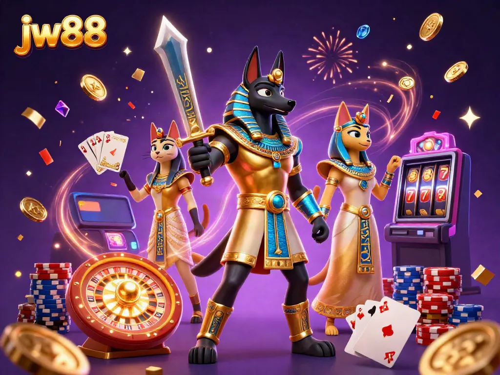 Experience thrilling gameplay with jw88's dynamic online casino scene featuring Anubis and Bastet.