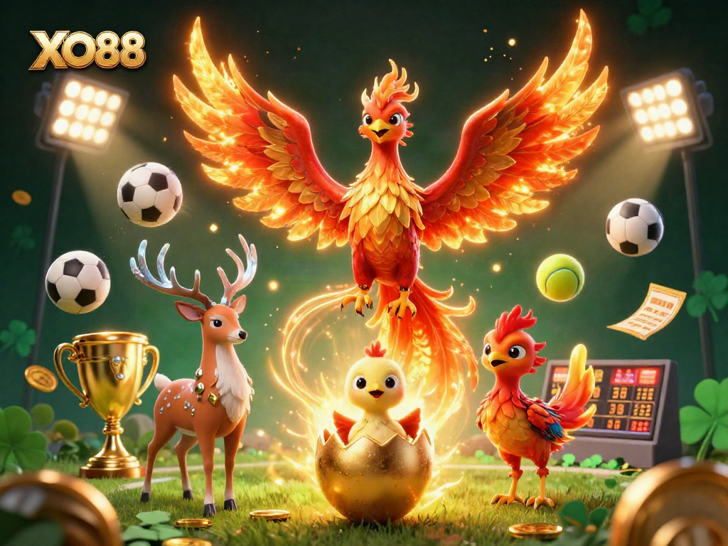 Bet on exciting outcomes with XO88, featuring stunning visuals of a phoenix and sports elements.