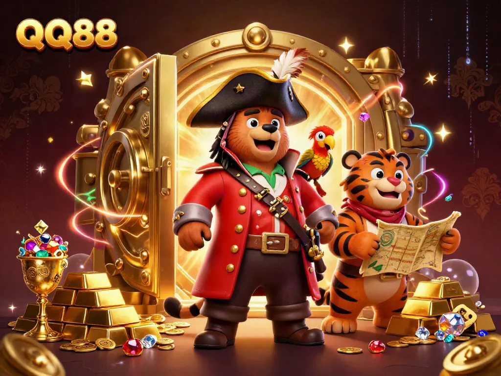Experience winning thrills at QQ88 with a pirate captain, tiger, and treasures in a vibrant casino setting.