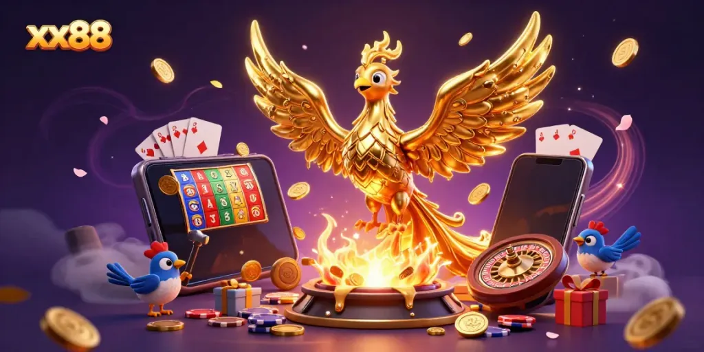 Experience winning fun with xx88's golden phoenix and casino games in vibrant 3D digital art.