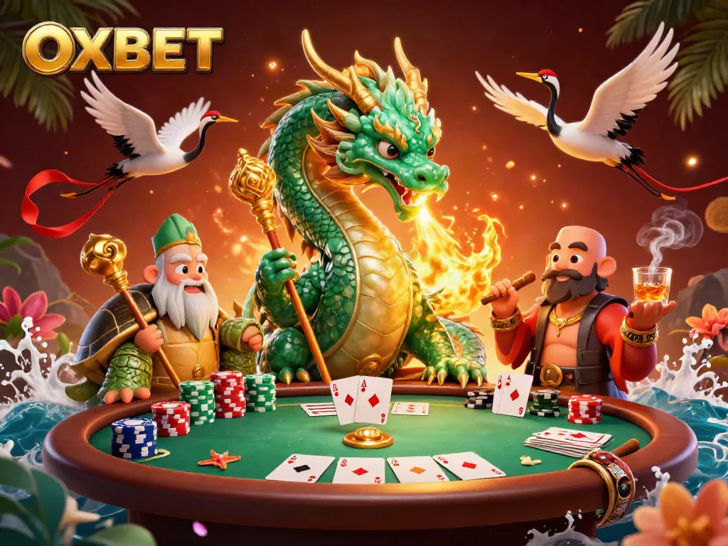 Spin and win with OXBET: a vibrant 3D illustration showcasing dragons, poker chips, and casino excitement.