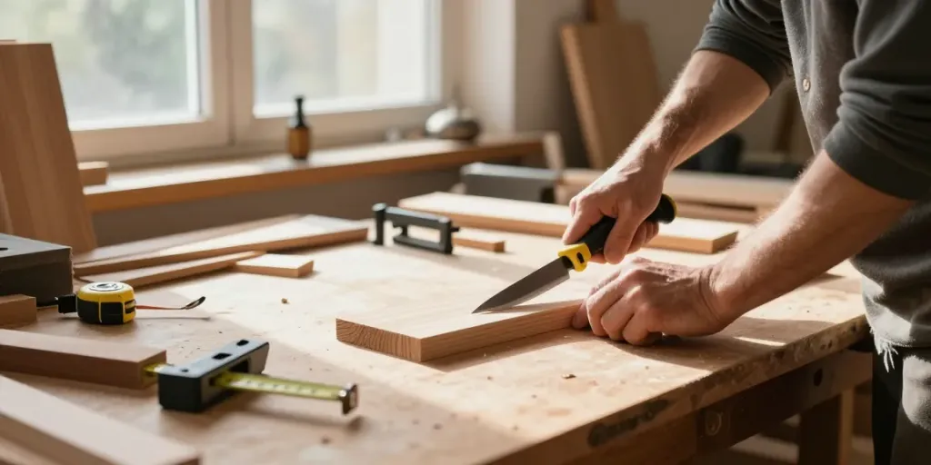 Skilled artisan using a festool knife on a wooden project at a sunlit workbench.