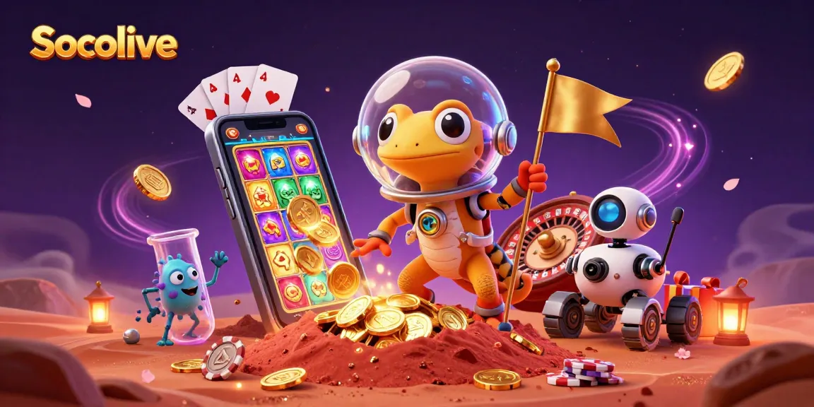Socolive brings a Martian gecko and a robot exploring a golden casino, surrounded by gaming excitement.