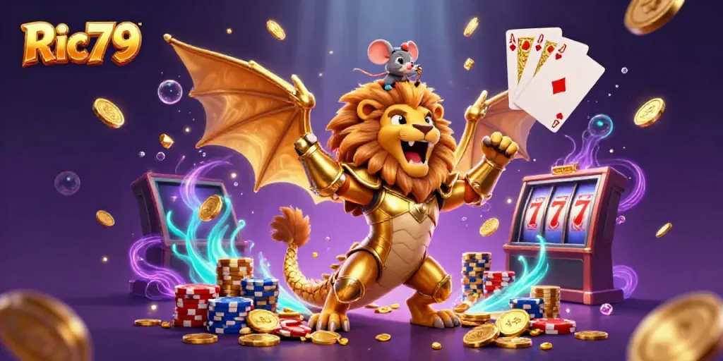 Experience the thrill of Ric79 with our dynamic casino illustration showcasing roaring chimera and winning elements.