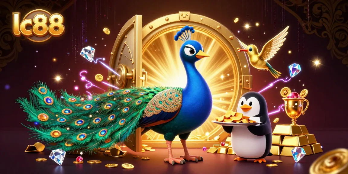 Spin for lucky wins at lc88 casino with vibrant peacock, penguin server, and sparkling gems.