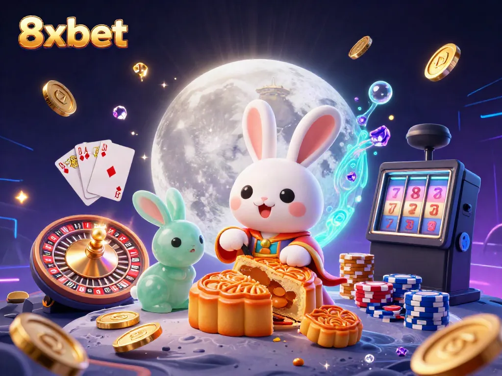 Experience 8xbet's vibrant casino adventure with the moon rabbit in a stunning 3D illustration.