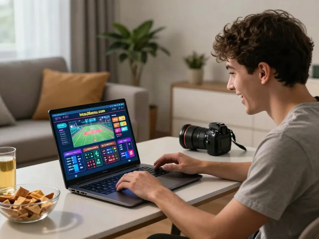 Engaging gaming moment on https://8kbeteu.com/ with vibrant online betting on a laptop in a cozy living room.