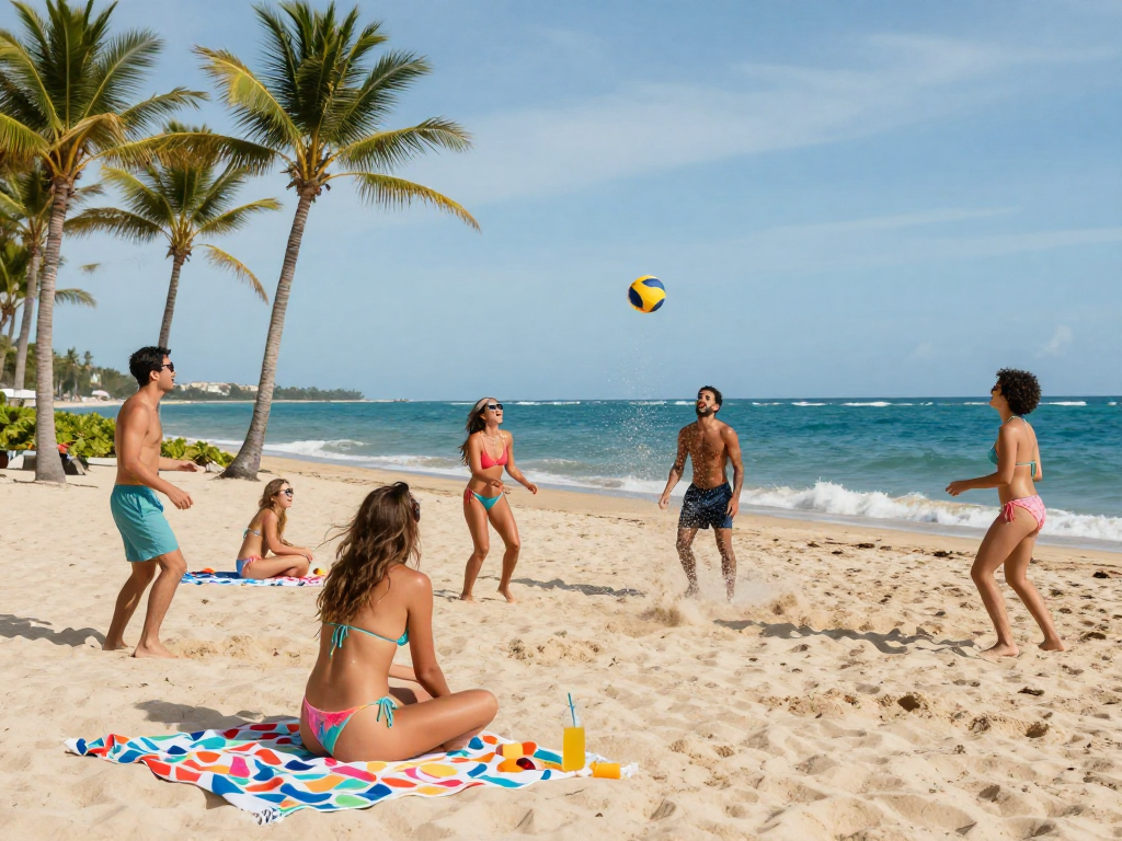 Group of friends in BIKINISLOT enjoying a lively beach day with volleyball, sunblock, and ocean waves.