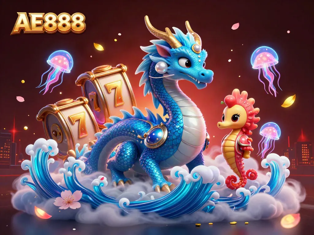Experience AE888's thrilling slots with vibrant dragons and festive casino elements.