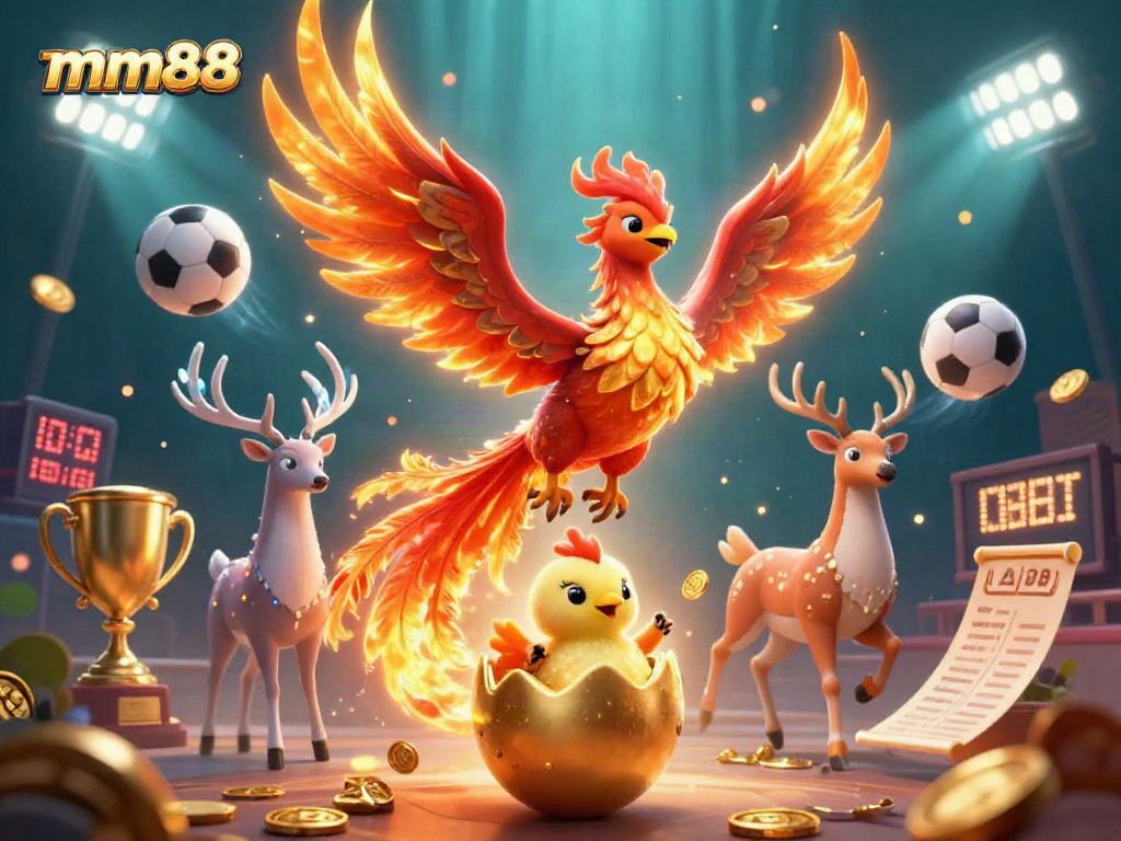 Engage with mm88's vibrant casino world featuring a phoenix and dynamic sports elements.