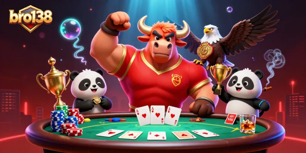 Win at bro138 casino with a vibrant scene of a muscular bull, eagle, and panda celebrating at a poker table.