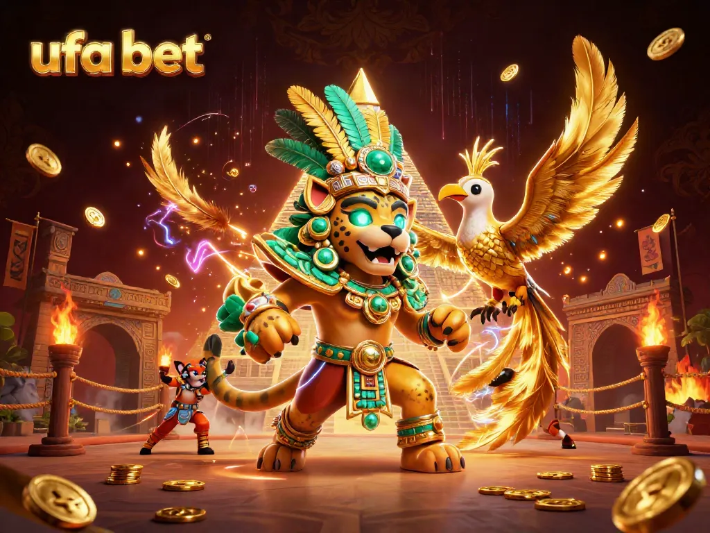 Experience thrilling gameplay at ufa bet with a vibrant 3D scene featuring Mayan elements and casino symbols.