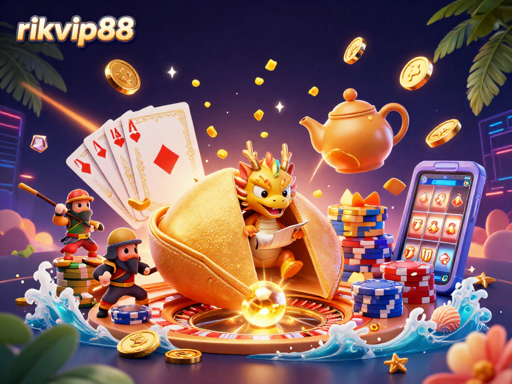 Experience the thrill of rikvip88 with vibrant gaming elements, fortune symbols, and dynamic characters.
