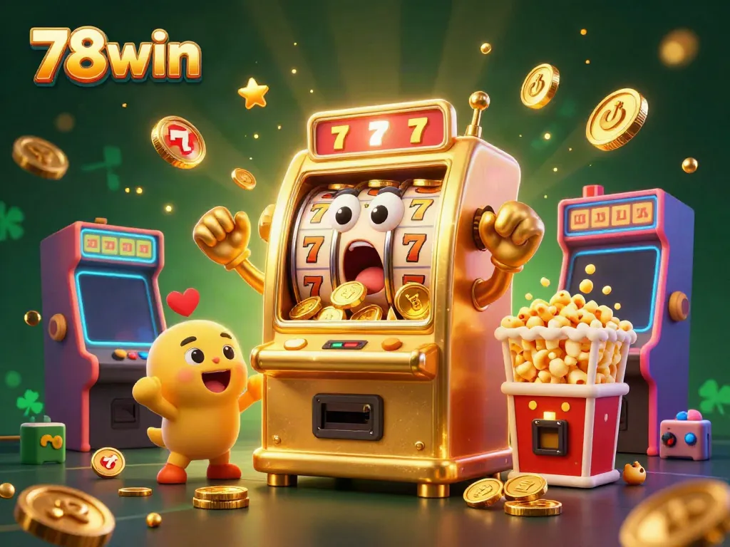 Engaging 78win scene of a golden slot machine celebrating a jackpot, surrounded by cheering baby machines and gaming fun.