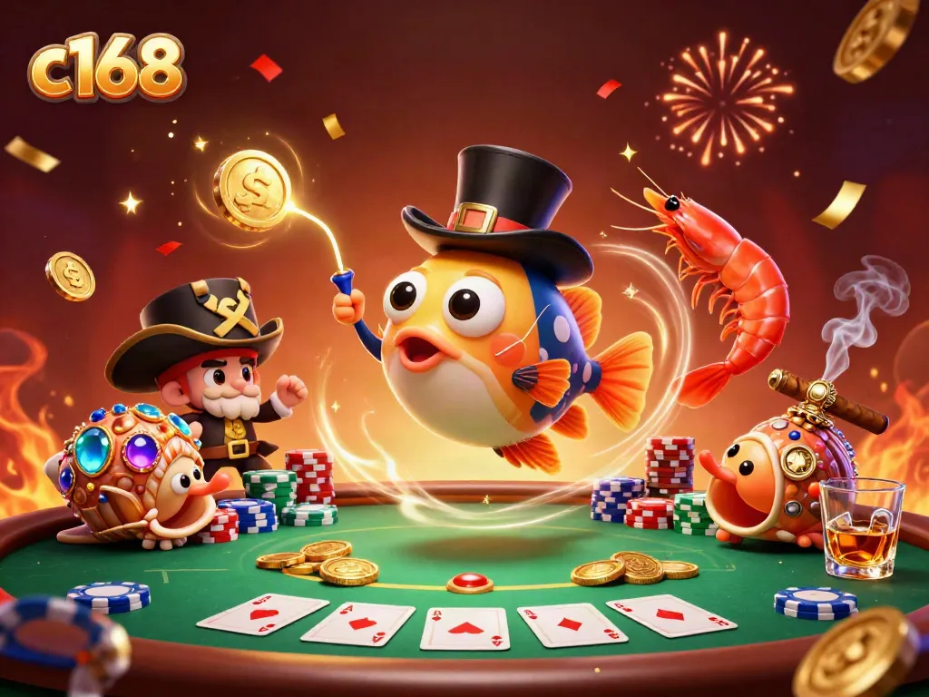 Engage with c168 as a whimsical anglerfish attracts golden coins amidst a vibrant poker scene.