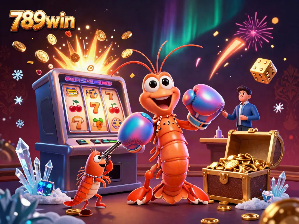 Experience top-tier gaming thrills with the energetic 789win slot machine illustration in a vibrant casino scene.