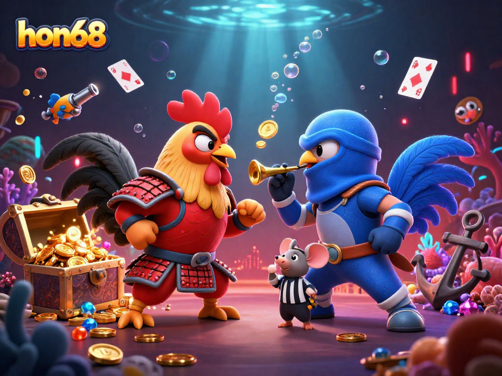 Experience the thrill of hon68 with dynamic fighting roosters in a vibrant casino scene.