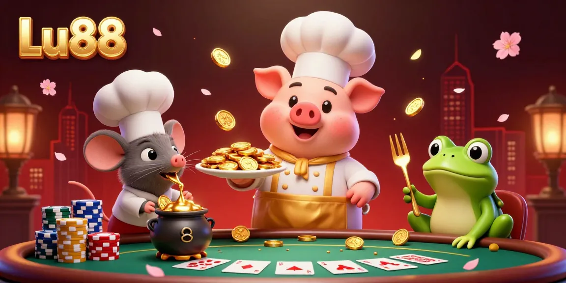 Engaging illustration of Lu88 chef pig serving gold coins, evoking excitement in gambling.