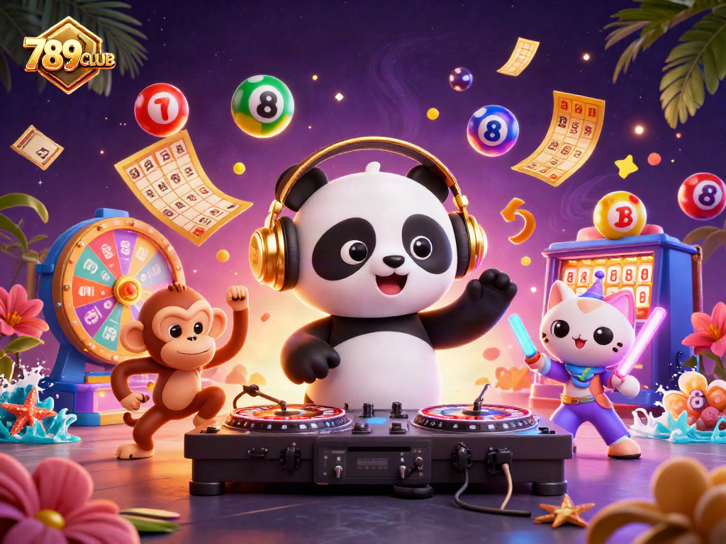 Join the fun at 789CLUB with dynamic 3D casino characters dancing amidst vibrant game elements.